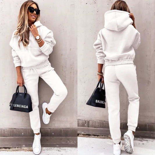 Autumn Winter New Solid Color Long Sleeve Hoodie Women's Casual Suit Fashion Loose Sports Hoodie + Small Foot Pants 2 Piece Set.