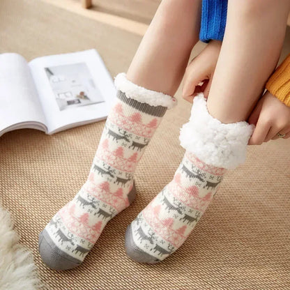 Fuzzy Fluffy Sock Women Winter Christmas Gift Warm Plush Non slip Home Sleeping Soft Female Floor Thermal Slipper Sock Snowflake