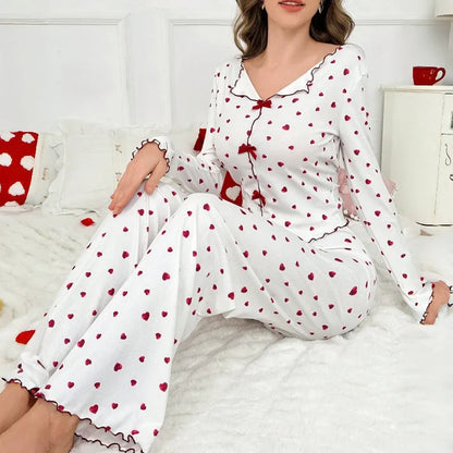 Autumn Winter Sleepwear for Women Two-piece Pajamas Set Heart-shaped Printed Long-sleeved Shirts and Long Pants Homewear.