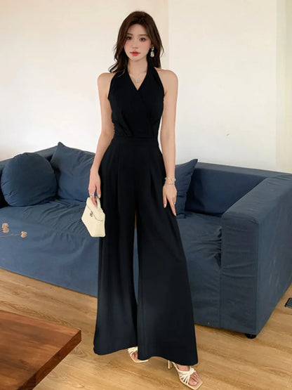 Women Clothes Elegant Sexy Halter Backless Folds Slim Wide Leg Loose Rompers Summer Solid Casual One Piece Long Jumpsuits.