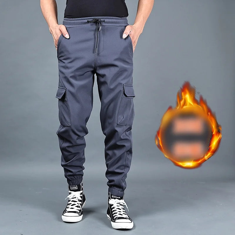 Autumn and winter loose ankle multi pocket work pants for men, winter oversized sports pants, trendy brand with plush and thick.