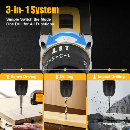 Jemi Tool 12 V/21 V Akku-Bohrschrauber, 45 Nm Schlagbohrmaschine, 25+3 Drehmomenteinstellung, mit 45 optionalen Zubehörteilen