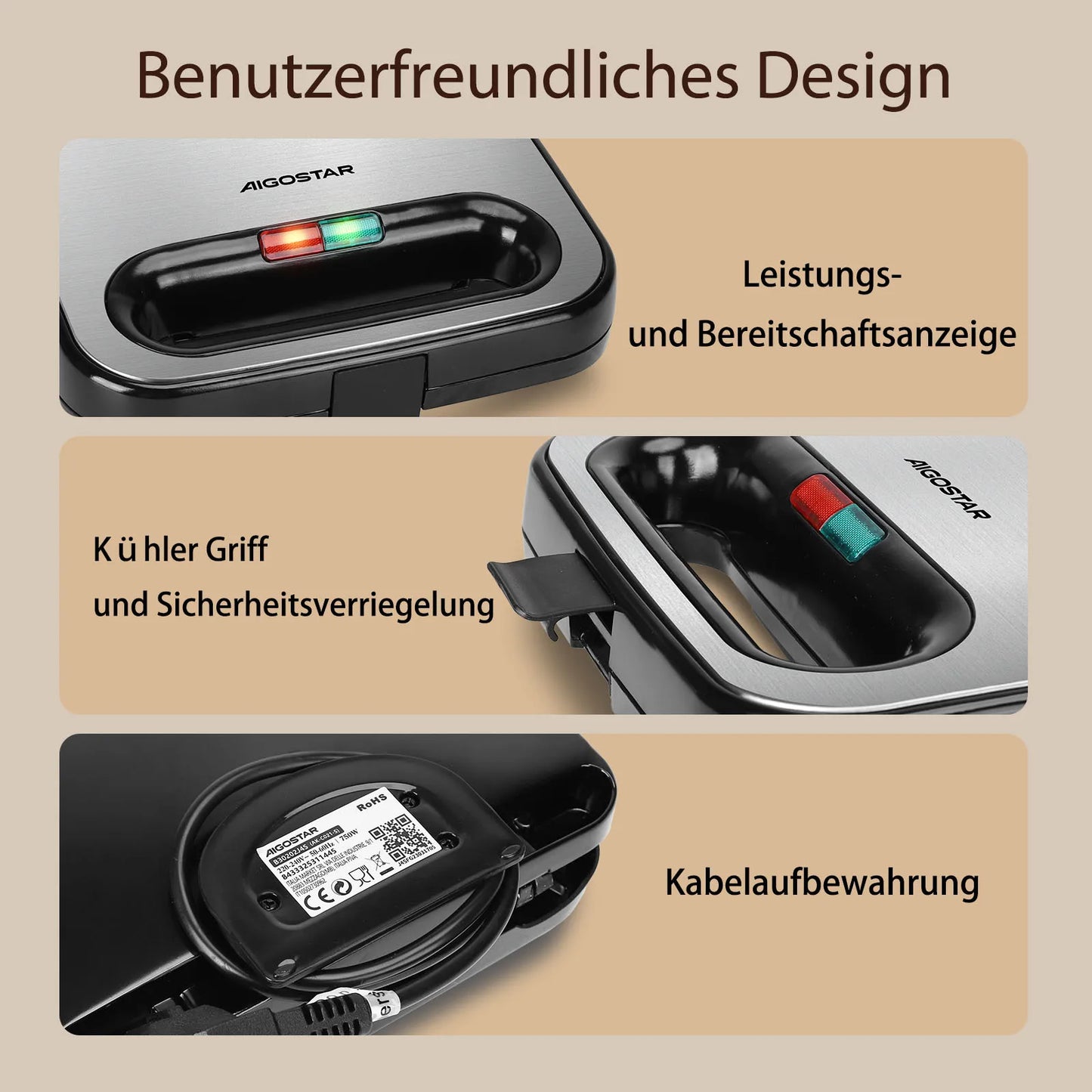 Aigostar - Toaster for 2 Sandwiches, Toaster Plate with Non-Stick Ceramic Coating, Automatic Temperature Control 180-200°C, Indi.