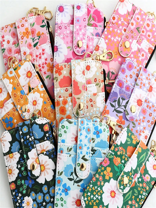 A printed folded vertical bag zipper card holder floral coin purse women's wallet.
