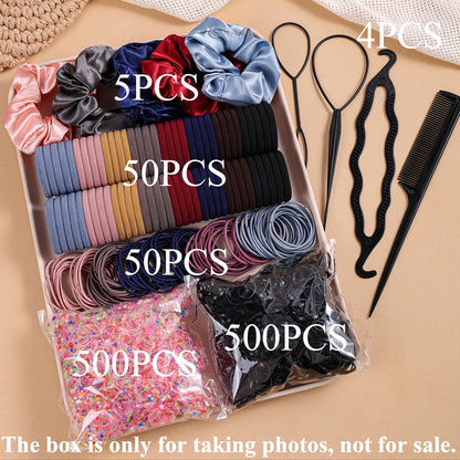 1109pcs Women Dark Hair Accessories Set Elastic Seamless Ponytail Scrunchies Small Rubber Bands Fashion Hair Ties Headbands.