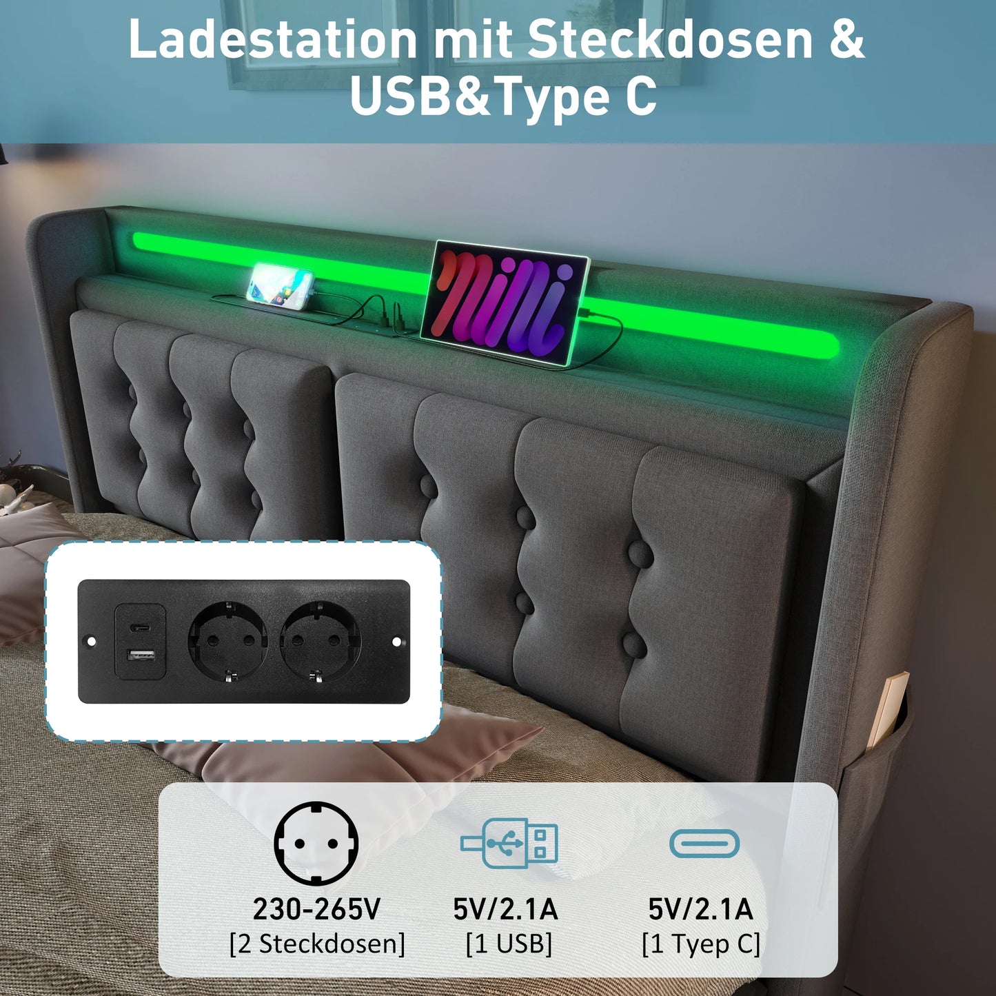 KOMHTOM Doppelbett Baumwolle - LED-Kopfteil, USB C Ladefunktion, 4 Schubladen, ohne Matratze