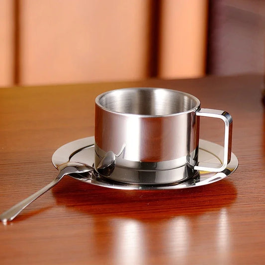1Set Stainless Steel Coffee Cup Set Double Walled Heat Resistant Mug with Saucer Spoon Drink Tableware Kitchen Cafe Accessories.
