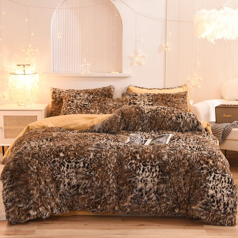 3Pcs Super Shaggy Coral Fleece Warm Cozy Princess Bedding Set Mink Velvet Duvet Cover Set Bed Comforter Cover Blanket Pillowcase