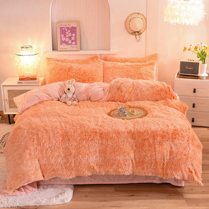 3Pcs Super Shaggy Coral Fleece Warm Cozy Princess Bedding Set Mink Velvet Duvet Cover Set Bed Comforter Cover Blanket Pillowcase
