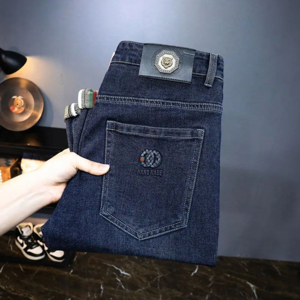 Zerrissene, reguläre, schmale Passform, gerade Jeans, bequem, lässig, Herbstmode, Denim-Hose, klassische, dünne Vintage-Unisex-Herren-Stretchhose.