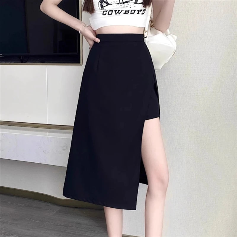 2023 New High Waist Hip Skirt Irregular Slit Black Skirt for Women Summer Mid-length A-line Harajuku Vintage Women Clothing.