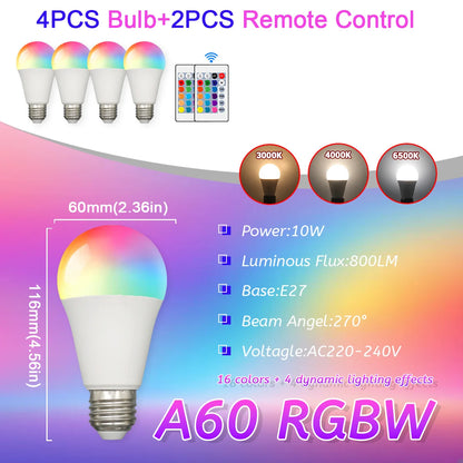E27 RGB LED Light Bulb 220V 10W with IR Color Changing Control Remote Multicolor + White Lamp Spotlight for Bedroom Party Home
