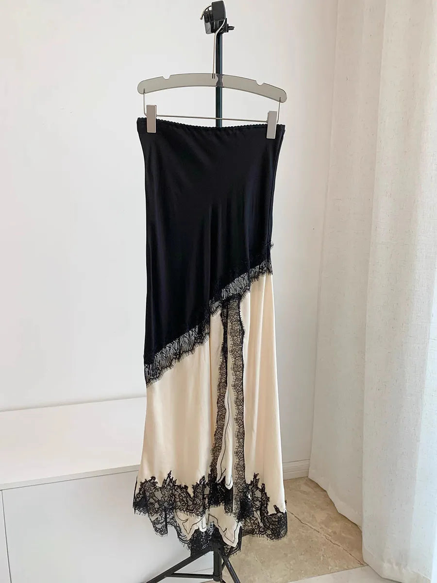 GALCAUR Hit Color Sheer Spliced Lace Elegant Skirts for Women High Waist Patchwork Split Temperament Skirt Female Fashion Style.