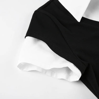 Women's Short Sleeve T-Shirt, Slim, Turn-Down Collar, Preppy Style, Patchwork, Casual, Summer Fashion, Fake 2 Piece, 2024.