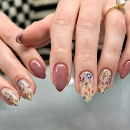 24Pcs Short Almond Press-On Nails Pink Floral French Tip Glossy&Elegant Full Cover Fake Nails for Women&Girls Spring,Daily Wear