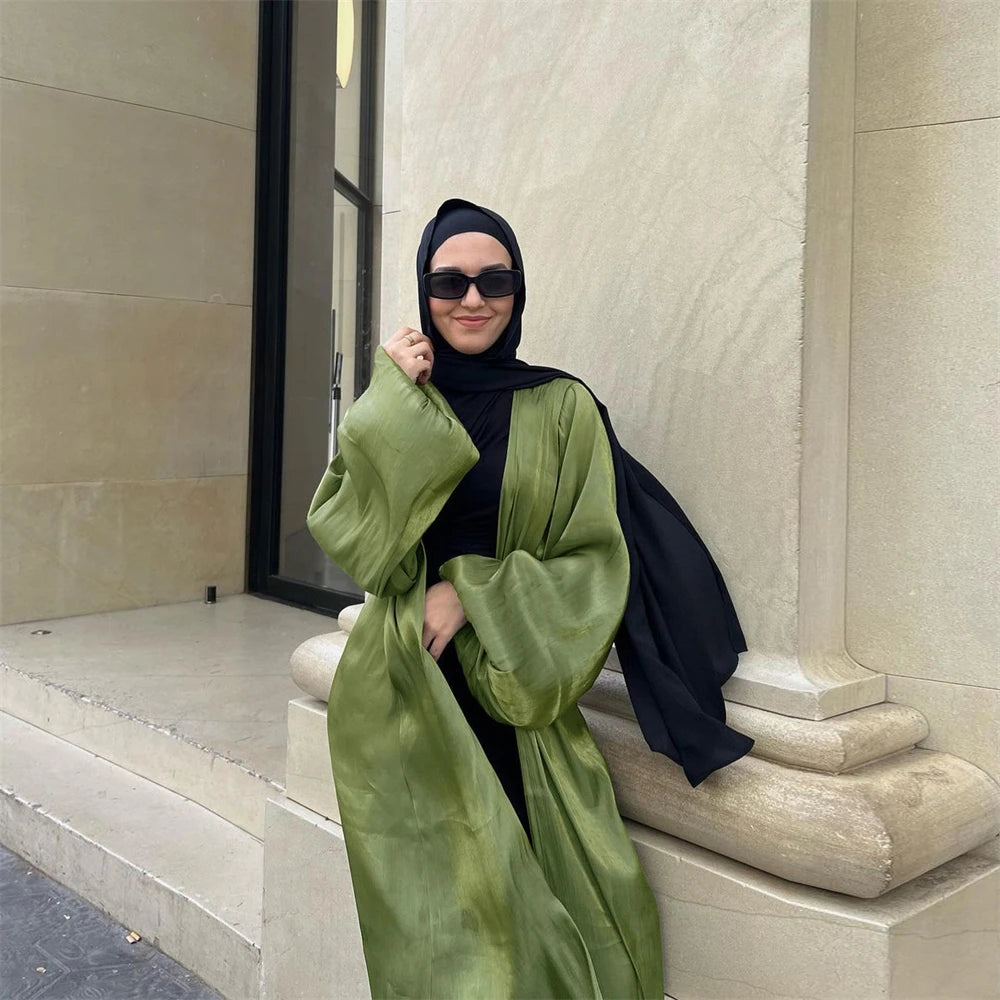 Ramadan Eid Open Satin Kebaya Abaya Dubai Luxury Kimono Kaftan Muslim Islam Dress Abayas For Women Caftan Robe Femme Musulmane.