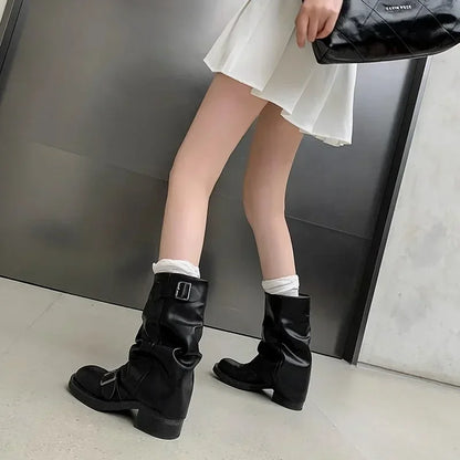 Pleated Buckle Knight Boots for Women Autumn Brown PU Leather Mid Calf Boots Woman Slip-On Thick Heel Riding Botas Mujer 2024.