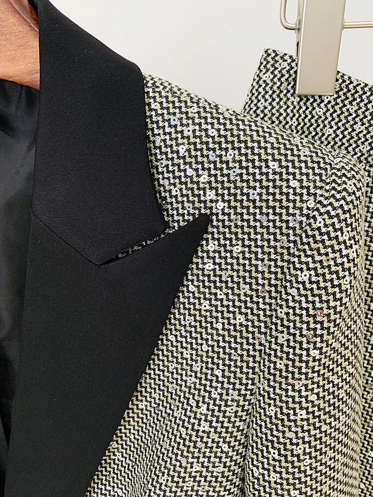 HIGH QUALITY 2025 Newest Designer Fashion Runway Suit Set Women Glitter Squined Blazer Jacket Pants Set.