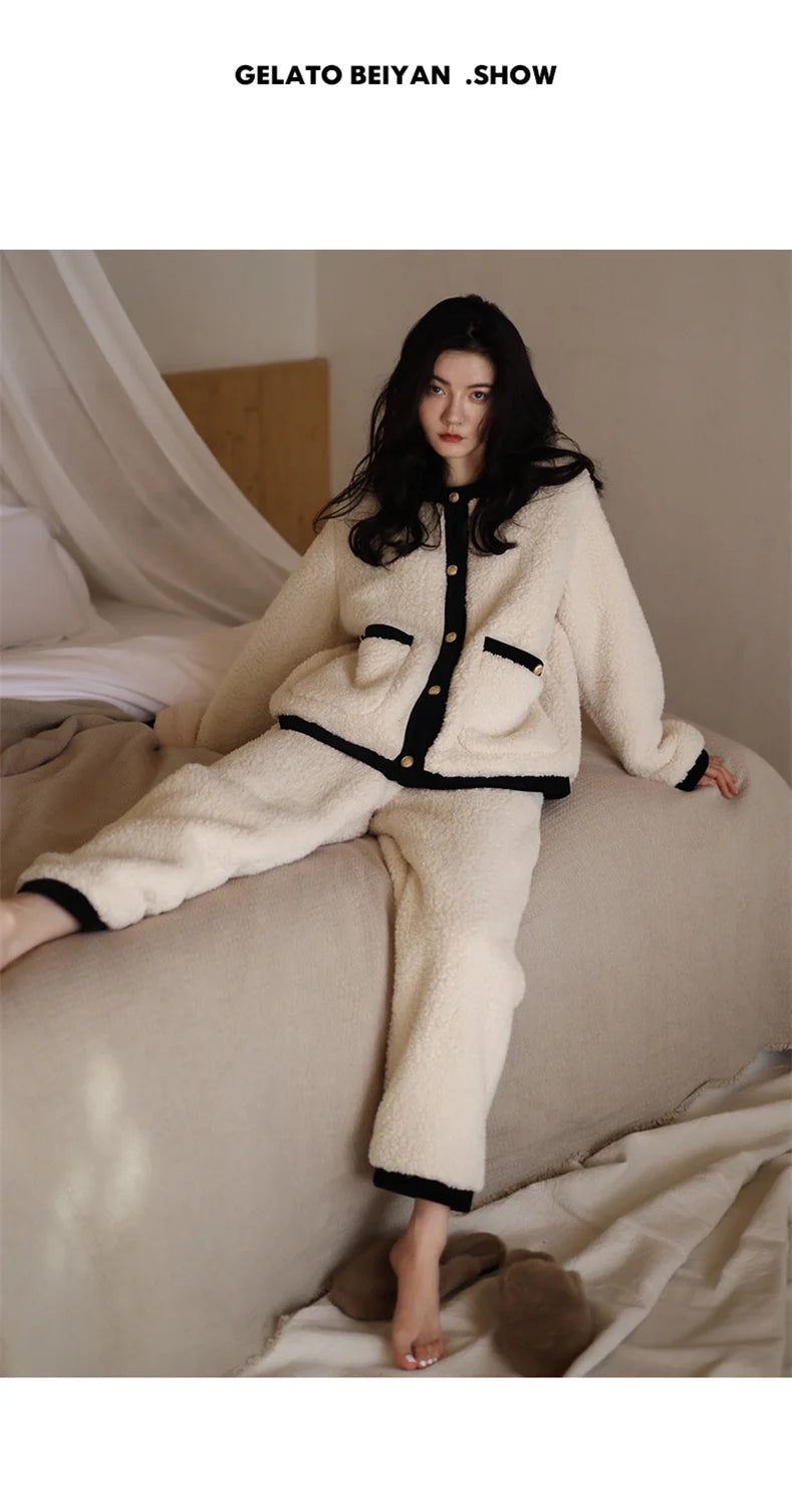 Winter Women Warm Fashion Pajama Sets Sweet   Elegant French Style Girlish Leisure Thicken Flannel Comfort Pajamas.