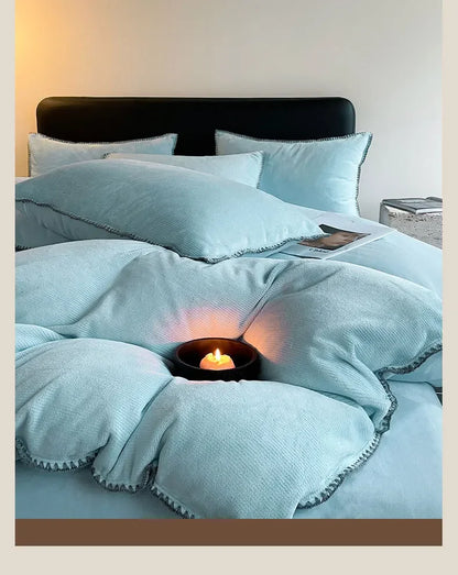 2024 new matte thin strip shell edge winter bed four-piece set milk fleece coral fleece thickened warm bed sheet quilt cover.