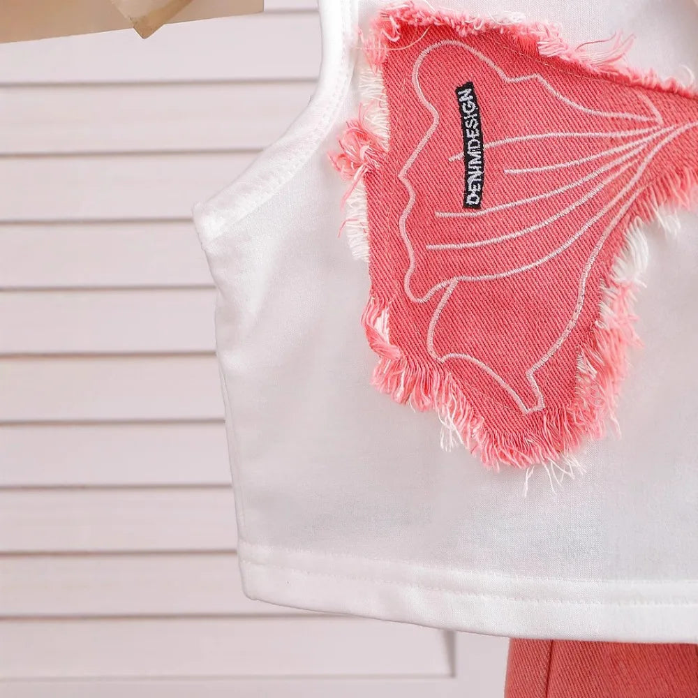 Bear Leader 2025 Summer 4-6 Year Old Streetwear Girls' Sets Sleeveless Butterfly Vest+Pink Cowboy Piercing Patch Pants 2-Pcs Set.