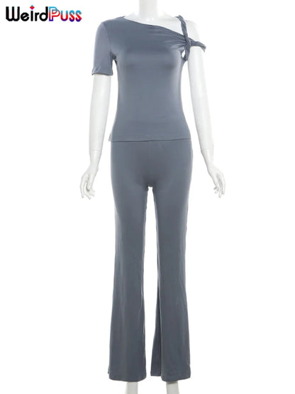 Weird Puss Irregular Knot Women 2 Piece Sets Stretch Casual Short Sleeve Tank Tops+Flare Pants Matching Outfits Slim Streetwear.