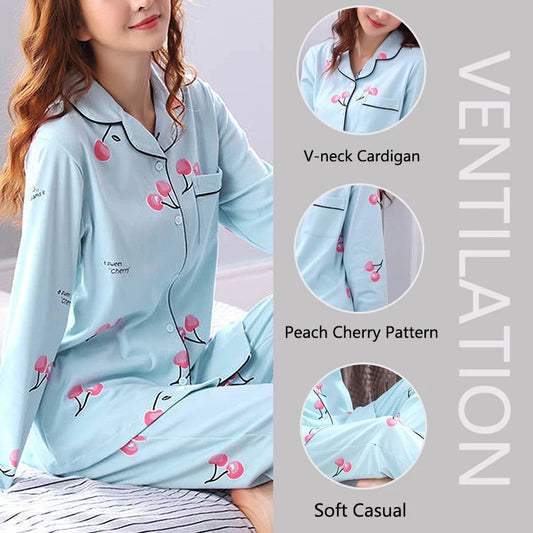 Damen-Pyjama-Set, V-Ausschnitt, Button-Down-Oberteil und Hose, Nachtwäsche, Homewear, lässige Nachtwäsche, Loungewear, Herbst-Winter, zweiteilig