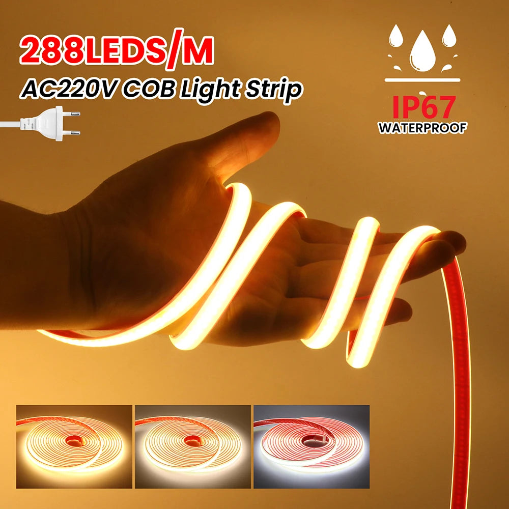 COB LED Streifen Licht Dimmer Schalter EU UK Power Kit 220V 230V 3000K 4000K 6000K 288LED Helle Flex Band Wasserdichte Lineare Beleuchtung.