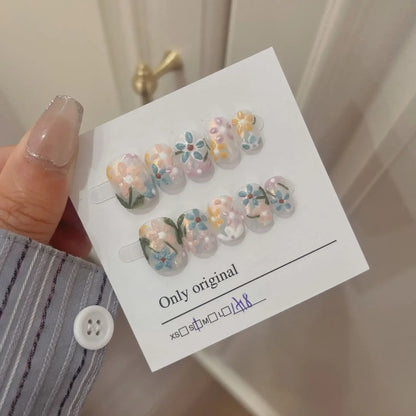 10Pcs Short Handmade Pink Press on Nails Spring French Rhinestone Full Cover Fake Nail Plaid Manicure Wearable Nail Tips Art.