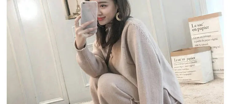 Loribindwood Gestrickte Pullover Breite Bein Hosen Anzug für Frauen Herbst/winter 2022, Neue Koreanische Lose Mode Zwei-stück Set