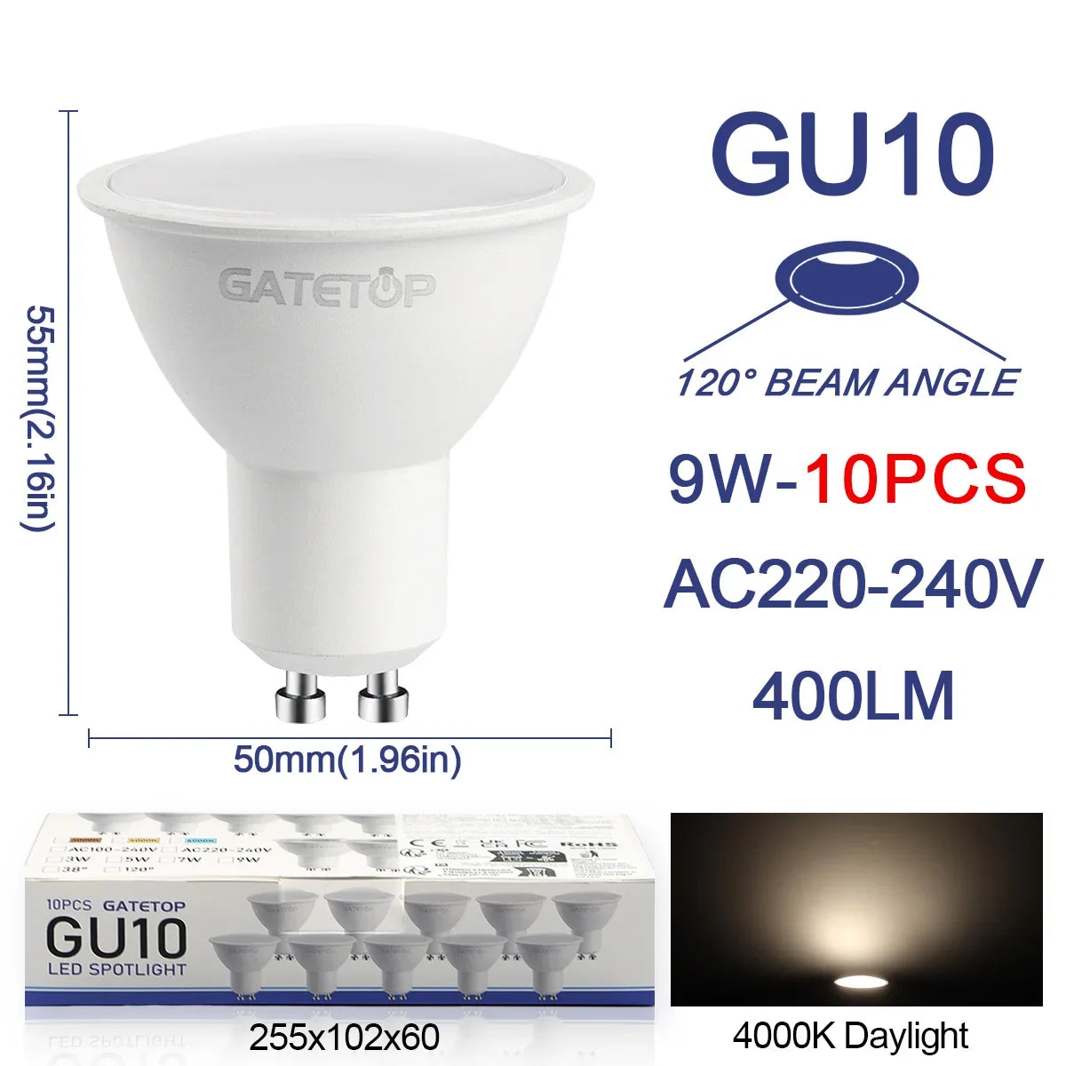 10er-Pack Focos Gu10 SpotlightLampara 220V LED-Glühbirne Großhandel 9W Weiß Warm 3000k 6000K geeignet für gewerbliche Gebäude zu Hause