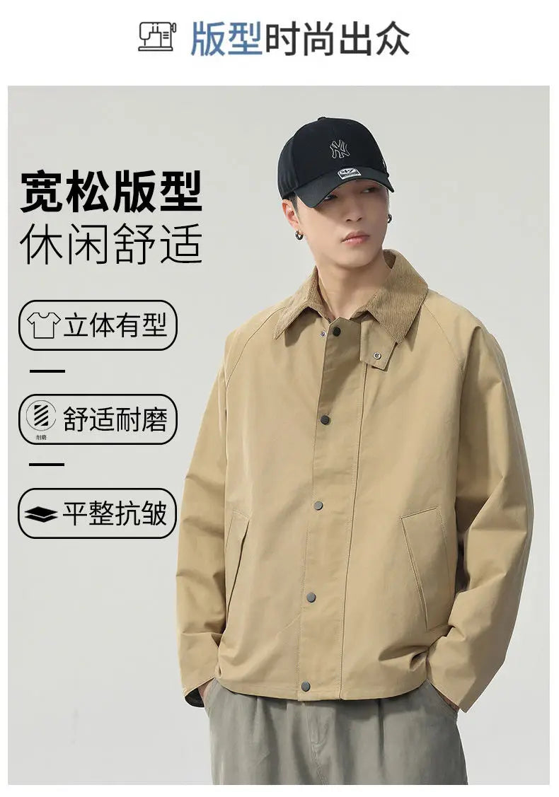 Lapel Jacket Men Spring Autumn Japanese Korean Streetwear Fashion Loose Casual Vintage Cargo Jacket Coat Outerwear.