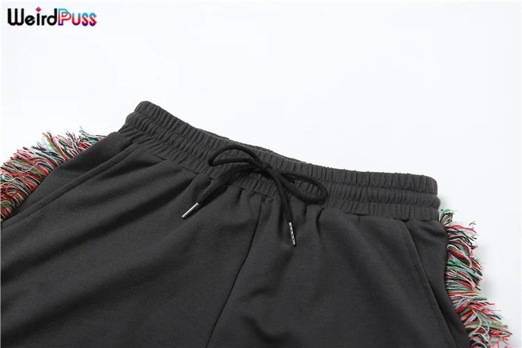 Weird Puss Casual Sporty 2 Piece Set Women Letter Embroidery Crop Tops+Side Tassel Straight Pants Matching Streetwear Tracksuits.