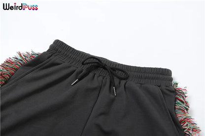 Weird Puss Casual Sporty 2 Piece Set Women Letter Embroidery Crop Tops+Side Tassel Straight Pants Matching Streetwear Tracksuits.