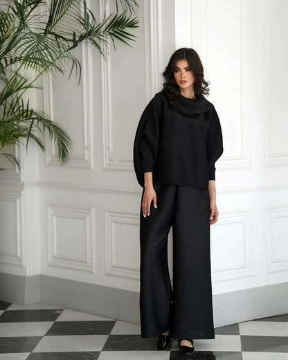 YUDX Miyake Pleated New Women's Fashion Clothing Set, Stand Up Collar Bat Sleeve Top, Wide Leg Pants Two-piece Set.
