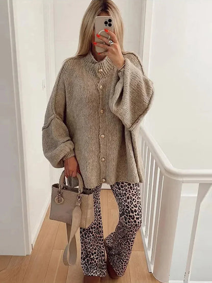 TRAF Women's Bat Sleeve Cardigan Sweater Temperament Lapel Metal Button Decoration Fashion Jacket Casual Commuter Women's Tops.