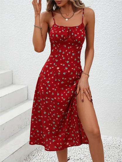 2024 sommer Sexy Spaghetti-trägern Kleid Frauen Mode Polka Dot Print Ärmelloses Schlitz Kleid Boho Casual Strand Midi Kleider