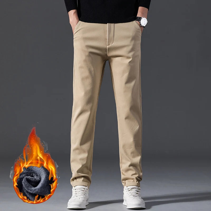 Winter Casual Men Classic Style Business Warm Plush Trousers Regular Thick Fur Pants Male Fleece Elastic Straight Formal Pants.