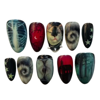 10pcs Dark Black Style Handmade Fake Nails Y2k Star Horor Foreat Designs Press On Nails Halloween Wearable Almond False Nail.