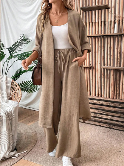 Clothes Autumn open-collar Solid Color Long Loose Top + Drawstring Wide-leg Trousers Trajes De Mujer Conjunto 2 Piezas Elegantes.