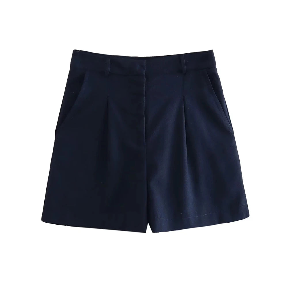 Women Fashion With Pockets Front Pleats Linen Blend Shorts Vintage High Waist Zipper Fly Female Short Pants Mujer