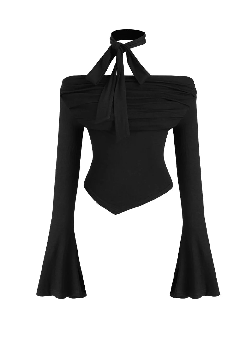 Tonval Long Sleeve Asymmetrical Hem Black Vintage Tops Sexys Off Shoulder Goth Clothes Women Y2K Solid T Shirt.