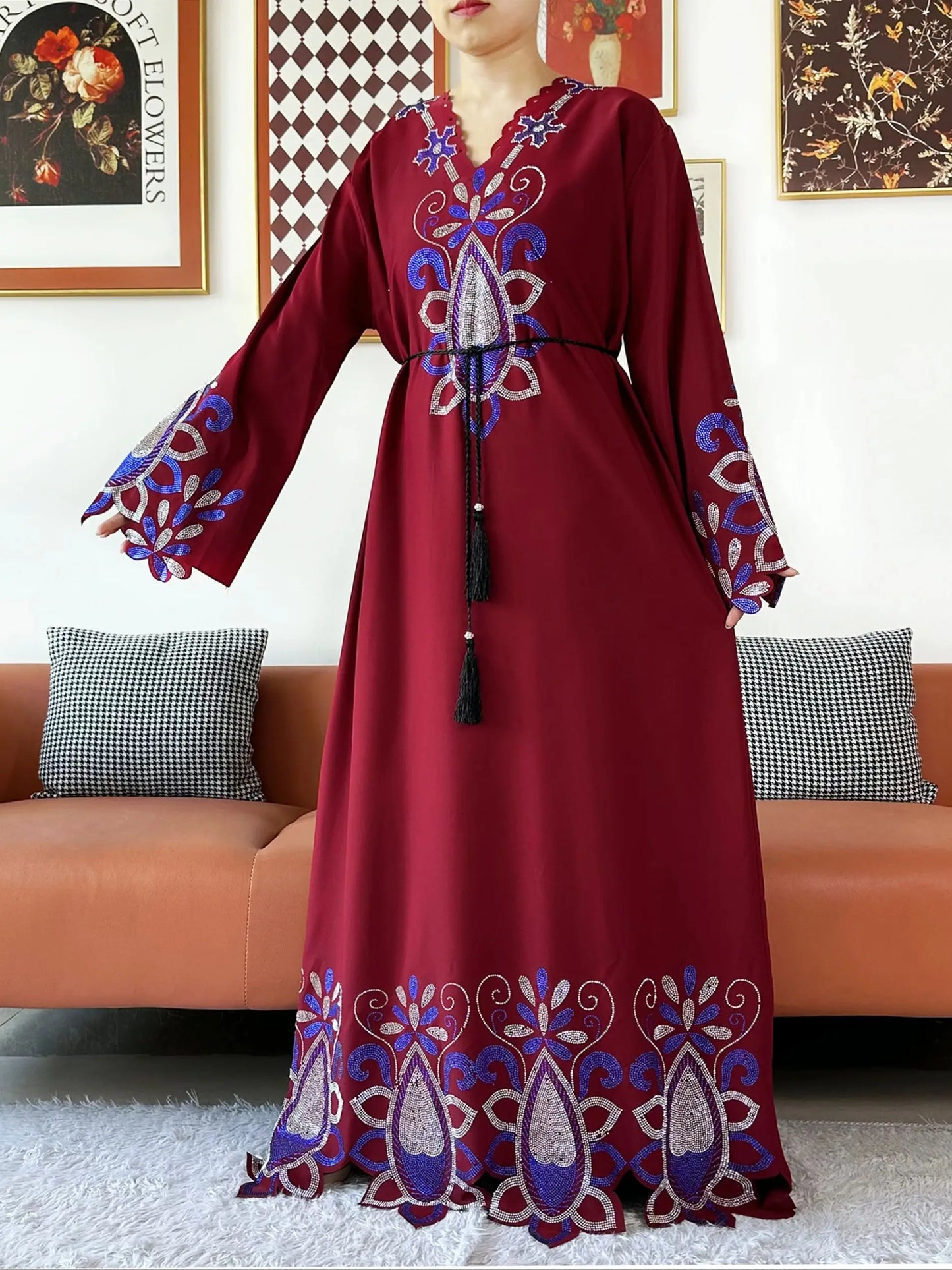 New 2025 Muslim Party Women Abaya Chiffon Diamond Long Sleeve Casual Clothing African Abaya Women Robe Dubai Turkey Islamic Robe.