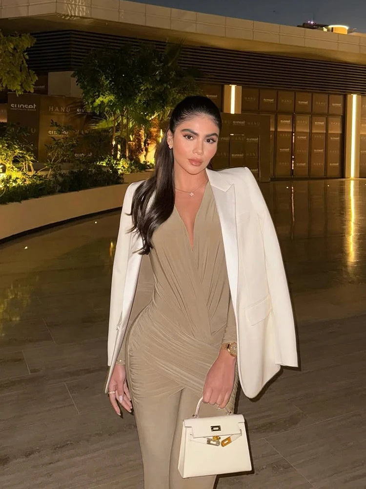 Weird Puss Cross Ruched Jumpsuit Women Patchwork Deep v-Neck Full Sleeve Elegant Skinny Stretch Workout Office Classic Overalls.