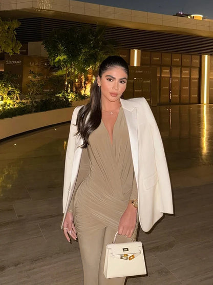 Weird Puss Cross Ruched Jumpsuit Women Patchwork Deep v-Neck Full Sleeve Elegant Skinny Stretch Workout Office Classic Overalls.