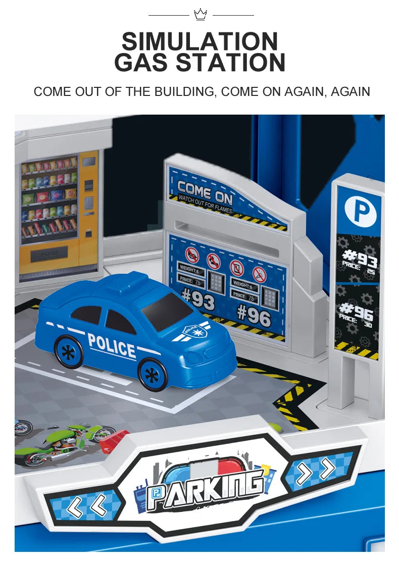 Garage Racing Track Sliding Car Parking Lot Toys Multi-Storey Car Parking Fire Police Engineering Mini Vehicle Toy for Boys Gift.