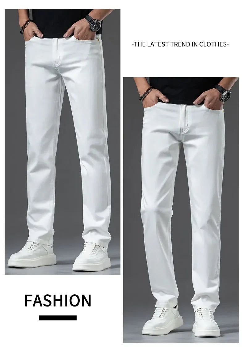2024 New Summer Thin Men's Straight Denim Cotton Stretch Creamy-white Jeans Classic Business Pants Fashion Trousers Male Brand.