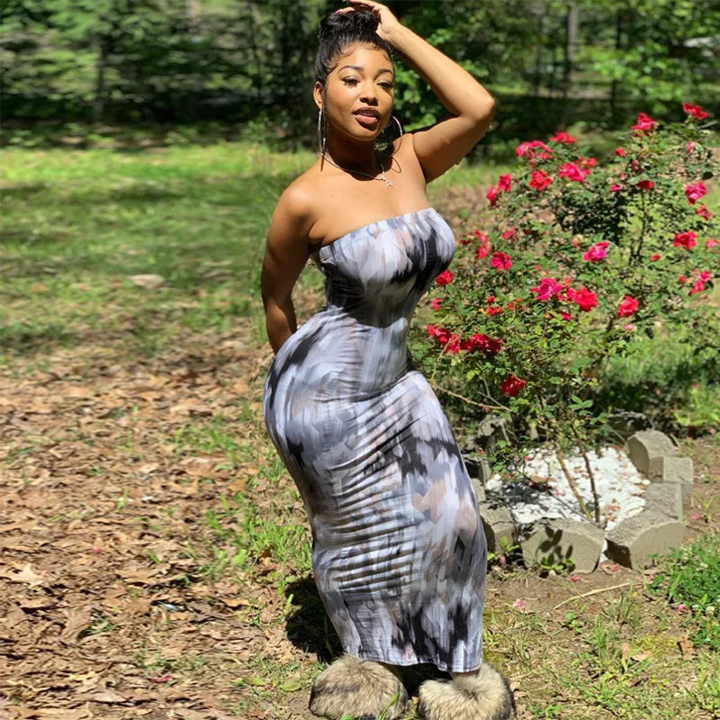 Sommer Lange Kleider Für Frauen Bodycon Brust Wrap Print Off Schulter Verband Schlank Sexy Kleid 2024 Neue Mode Party Vestidos
