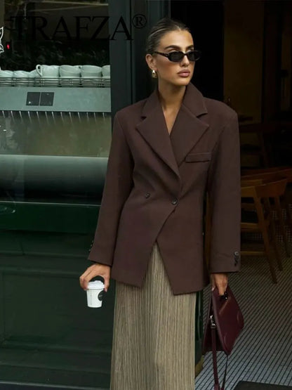TRAFZA Frauen Elegante Feste Revers Zwei Tasten Anzug Jacke Mode Lange Hülse Dünne Kurze Mäntel 2024 Neue Casual Büro Dame Blazer