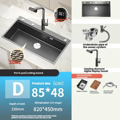 Stainless Steels Kitchen Sink Household Wash Dish and Wash Vegetables Basin Large Single Slot Multifunctional Dishwashing Bowl